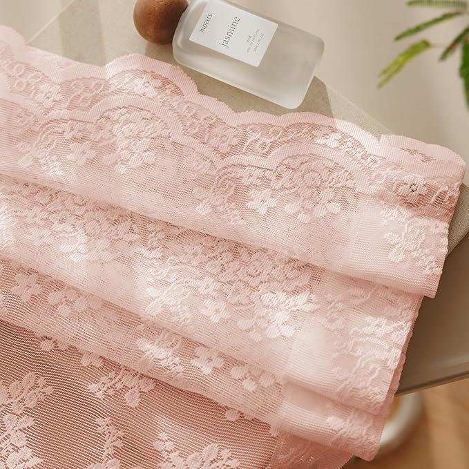 Anmao Vintage Lace Curtains 96 Inches Long 2 Panels Set, Romantic Elegant Light Filtering Semi Sheer Floral Thick Lacy Curtain Drapes for Living Room and Bedroom, Each Panel 55W x 96L, Blush Pink