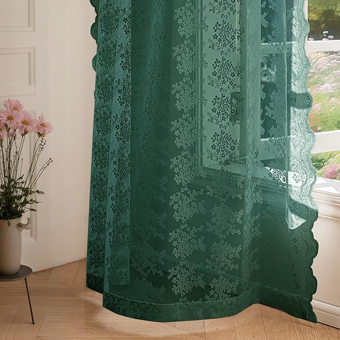 Anmao Vintage Lace Curtains 96 Inches Long 2 Panels, Romantic Semi Sheer Floral Lacy Curtain for Living Room, Elegant Window Drapes for Bedroom, Each Panel 55W x 96L, Turquoise