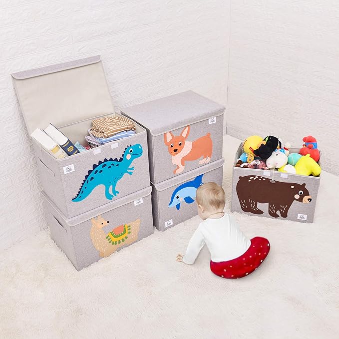 CLCROBD Foldable Large Kids Toy Chest with Flip-Top Lid, Collapsible Fabric Animal Toy Storage Organizer/Bin/Box/Basket/Trunk for Toddler, Children and Baby Nursery (Bear)