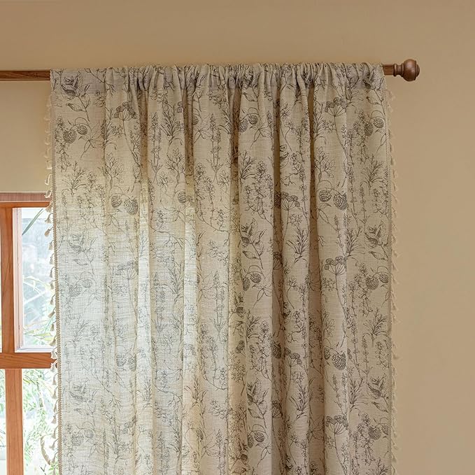 ENJOYBRIDAL Floral 96 Inch Curtains Vintage 2 Panels Drapes Rod Pocket Semi Sheer Rustic Long Window Curtain Panels Bedroom Boho Tassel Living Room Farmhouse Botanical Window Treatments