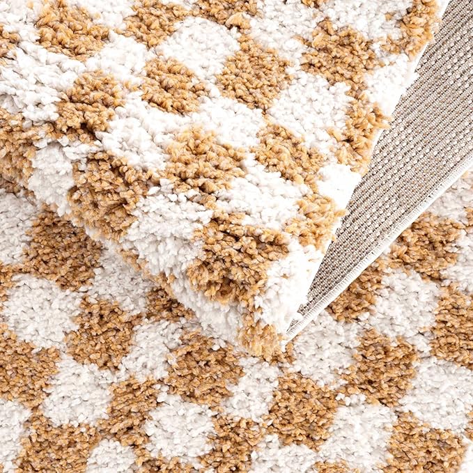 Hauteloom Kieu Contemporary Checkered Fluffy Shag Runner Rug - Modern Geometric Soft Carpet Tiles for Hallway, Kids Room, Nursery - White, Yellow - 2'7" x 7'3"