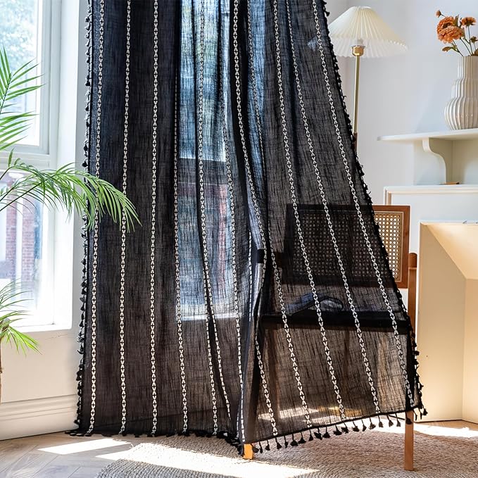Deeprove Black Boho Curtains 96 inches Long for Bedroom, Vintage Bohemian Embroidery Farmhouse Cotton Linen French Country Tassel Window Treatments Gothic Halloween Decor, W52 x L96, 1 Panel