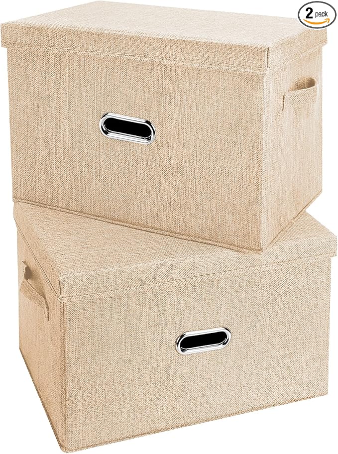 Large Linen Fabric Foldable Storage Bins with Removable Lid and Handles, Washable Storage Box Organizer Containers Baskets Cube with Cover for Bedroom,Closet,Office (Khaki, Large(2-Pack))