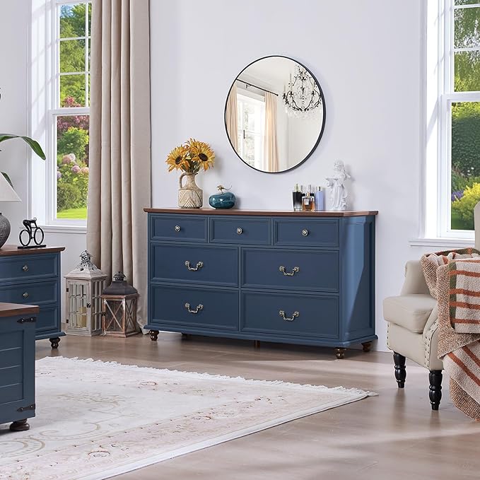Bedroom Sets, 54" Wide 7 Drawers Dresser and 37" Tall 4 Drawers Dresser, Wooden 2 Piece Bedroom Furniture Set, Chest of Drawer for Bedroom, Home, Living Room, Hallway, Navy Blue