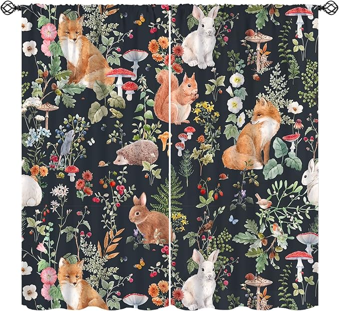 Animal Curtains, Watercolor Forest Animals Plants Pattern Blackout Window Treatments, Rod Pocket Thermal Insulated Drapes 2 Panel Sets for Bedroom Living Room, 42" W X 45" L