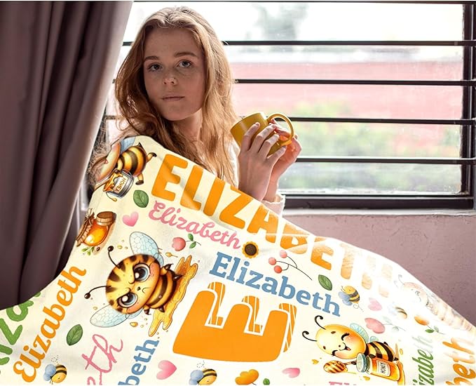 Personalized Custom Honey Bee Blanket Gifts for Kids Boys Girls with Name - Customized Honey Bee Super Soft Lightweight Flannel Sheets Decor for Crib Nap Couch - 50"x60" for Teens