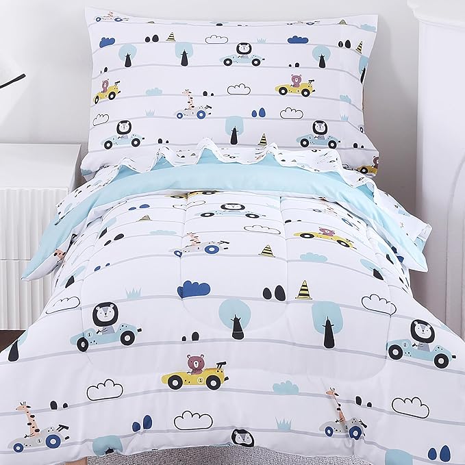 Viviland Animal Car Toddler Comforter Sets, Cute Boys Girls Toddler Bedding Set, Soft Microfiber White Toddler Bed Set