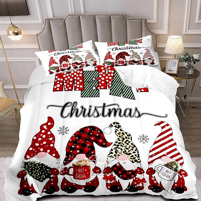 LUVIVIHOME 2PCS Merry Christmas Comforter Set Twin Size, Cute Gnome Bedding, Red Buffalo Plaid Striped Holiday New Year Xmas Bedding, Boys Girls Teens Kids Bedroom Decor, White Quilt, 1 Pillow Case