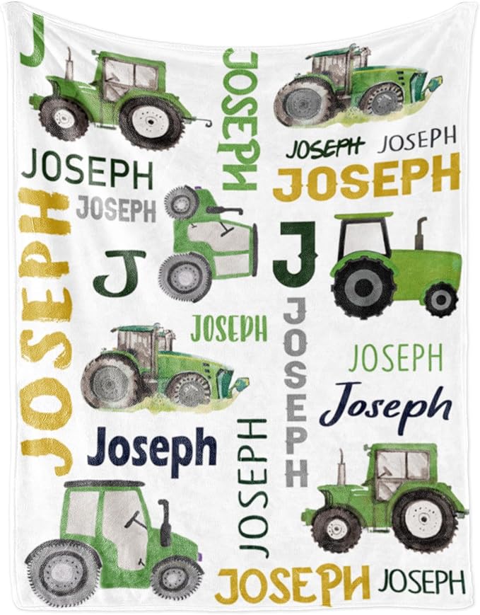 Custom Tractor Blanket with Name for Boys Girls Kids, Personalized Name Blanket Trucks, Soft Flannel Blankets Customized Gift for Children Day Birthday Christmas-40 x50