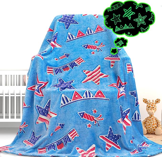 American Flag Blanket Glow in The Dark Blanket for Kids Boys Star Stripes Independence Day July 4th Decor