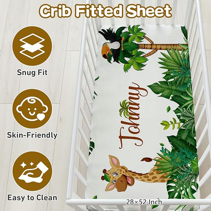Custom Name Crib Bedding Set, 3 Pcs Personalized Baby Crib Bedding Set, Soft Forest Animals Nursery Crib Sets for Boys Girls, Double Layer Toddler Bedding Set Customized Gifts for Newborn Kids