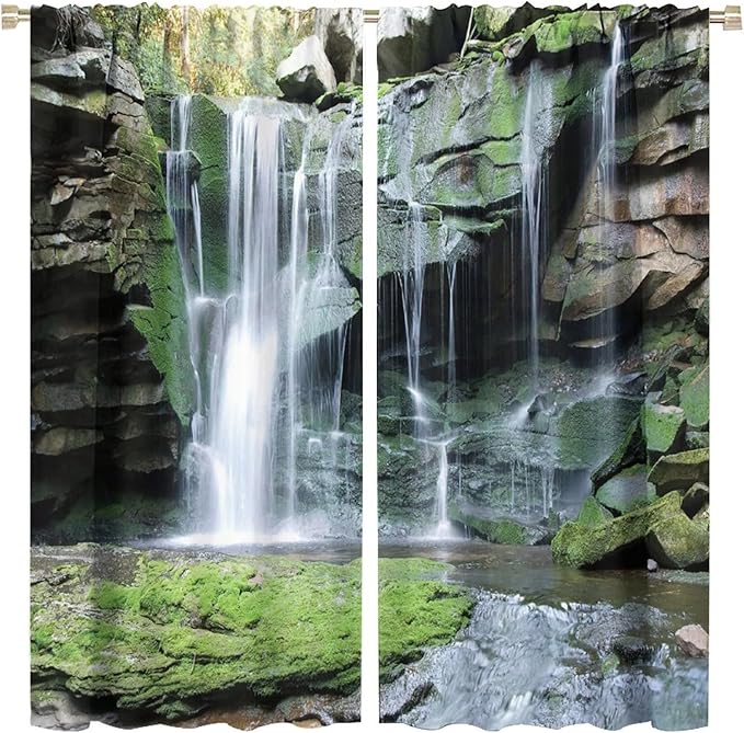 Forest Waterfall Blackout Windows Curtains, Rocky Waterfall to Pond Running Off Scenic Nature Themed Picture Print Curtains, for Living Room Bedroom 84x84in 2 Panels
