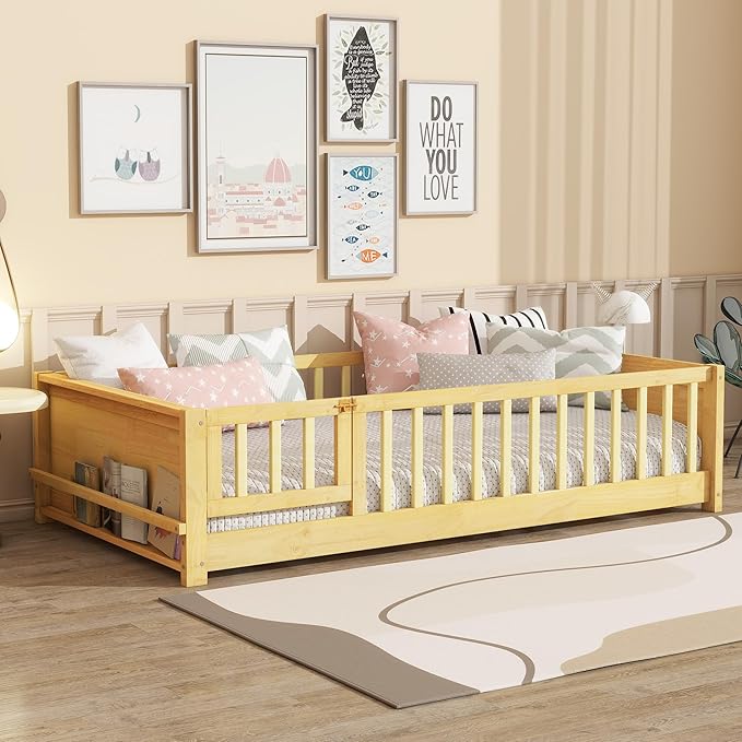 Twin Size Kids Montessori Floor Bed with Door,Twin Floor Bed Frame with Slats and Bookcase,Solid Wood Montessori Bed for Girls Boys,Natural