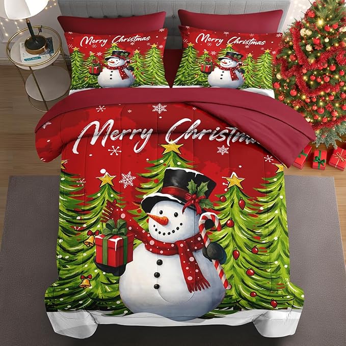 7 Pcs Queen Size Christmas Comforter Set with 2 Pillowcases & 2 Shams, Red Cartoon Snowman Bedding for Kids and Adults, Funny Xmas Pine Forest Bed in a Bag with Flat Fitted Sheet