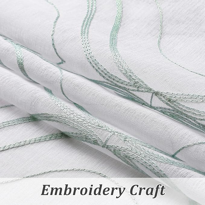 VISIONTEX White Sheer Curtains 95 Inches Long 2 Panels Set Green Moroccan Embroidered Curtains Trellis French Textured Rod Pocket Voile Tulle Semi Window Drapes for Bedroom Living Room 54 x 95 Inches