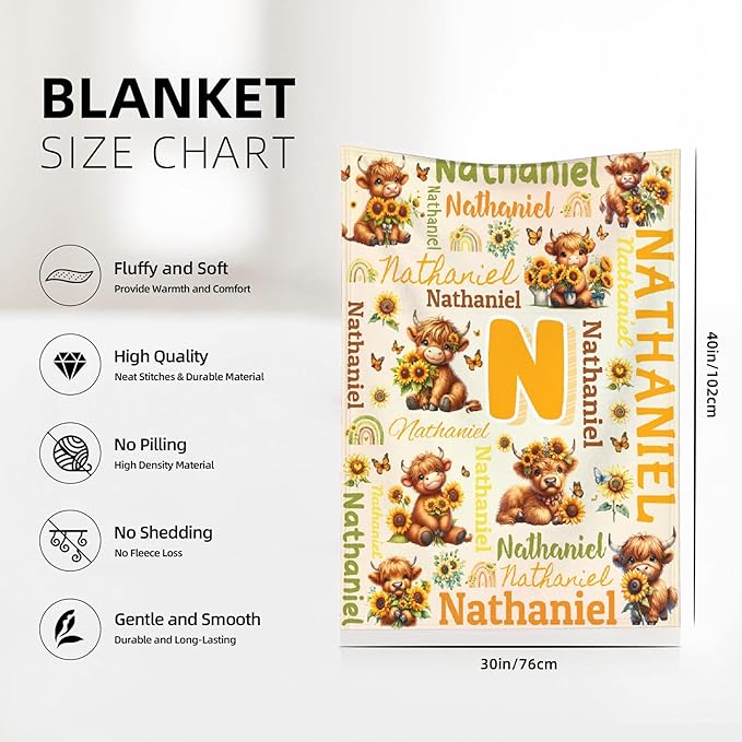 Personalized Custom Sunflower Highland Cow Preschool Blanket Gifts for Baby Toddler Kids Boys Girls Pets - Customized Sunflower Highland Cow Super Soft Flannel Sheets 30"x40" Decor for Crib Nap Couch