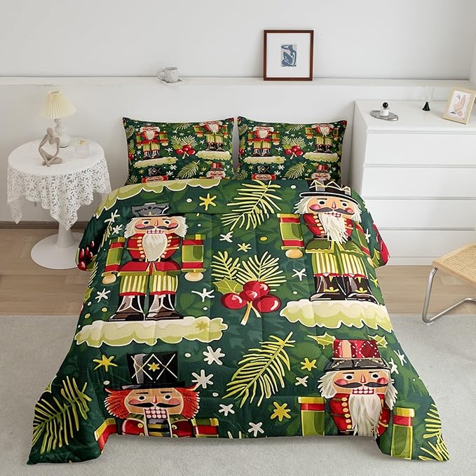 Christmas Cartoon Soldier Comforter Set Twin Size,Christmas Leaves Snowflake Bedding Set for Kids Boys Girls Room Decor,Xmas Abstract Art Quilt Set 2Pcs,Polka Dot Green Duvet Insert,1 Pillowcase