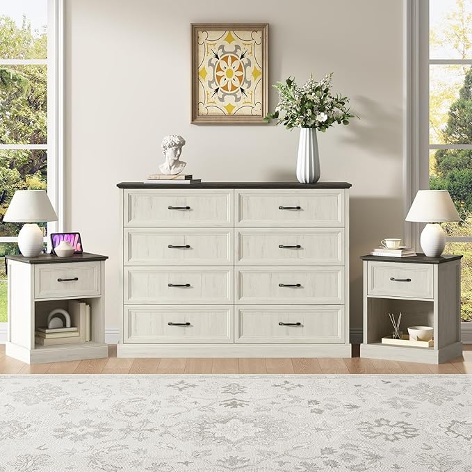 CARPETNAL Farmhouse Dresser and Nightstand Sets for Bedroom, 3 Pcs Bedroom Set, 8 Drawer Dresser & Nightstand Set of 2, Modern Wood Chest of Drawers for Bedroom, Living Room, Entryway, White