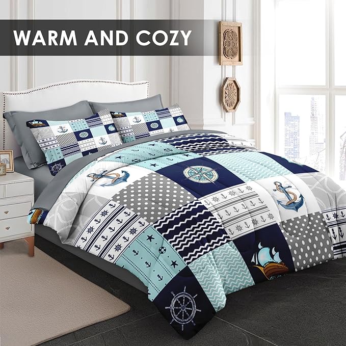 7 Pcs King Size Comforter Set with 2 Pillowcases & 2 Shams, Nautical Blue Marine Summer Bedding for Kids and Adults, Sea Ocean Boat Plaid Bed in a Bag with Flat Fitted Sheet