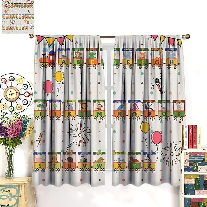 Alphabet Train Kids Curtain Animals Alphabet Children Teens Early Learning Printed Rod Pocket Blackout Window Treatments for Classroom Bedroom Nursery Playroom 42" W X 63" L