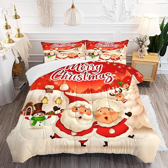 Christmas Comforter Set Queen Size Red Plaid Bedding Sets Xmas Gift Christmas Themed Festival Winter Snow Quilt Set,1 Comforter + 2 Pillow Cases