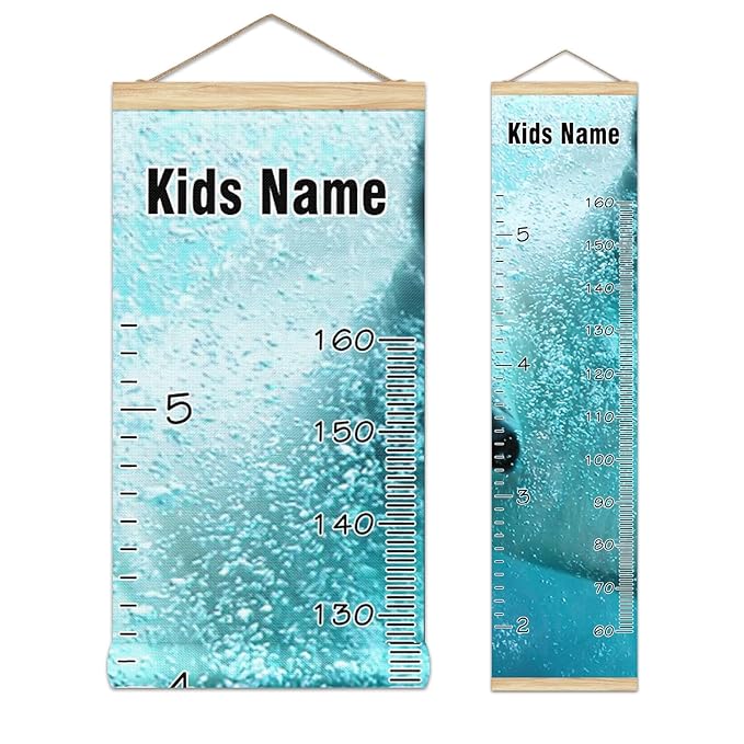 Personalized Kids Name Growth Chart Ruler for Wall Wood Frame Height Measure Chart 13.4x56 in Linen Hanging Height Growth Chart Funny Polar Bear Swimming Kids Room Decor