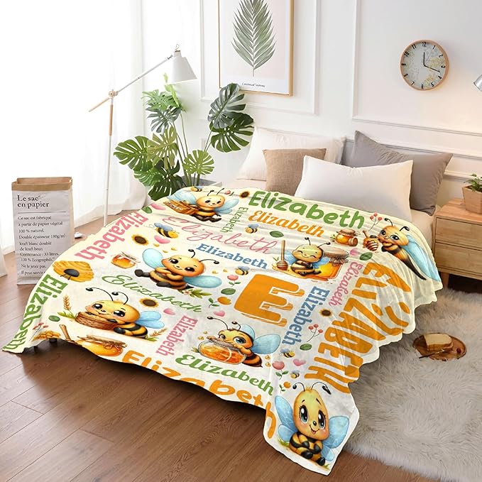 Personalized Custom Honeybee Blanket Gifts for Kids Boys Girls with Name - Customized Honeybee Super Soft Lightweight Flannel Sheets Decor for Crib Nap Couch - 90"x120" for Whole Family
