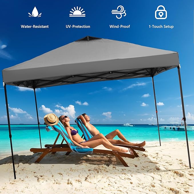 GDY 10x10 Pop Up Canopy Tent with 4 Sidewalls, Easy Set up with One Push Lift Outdoor Silver Coated Beach Gazebos, Carpas with 4 Sandbags, for Pool, Events, Parties, and Camping, Gray.