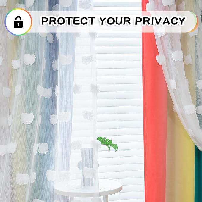 MYSKY HOME Nursery Curtains for Girl Bedroom Rainbow Curtains 72 Inches Long Pom Pom White Sheer Curtains for Kids Room Double Layer Toddler Bedroom Grommet Room Darkening Window Panels 52 x 72 in