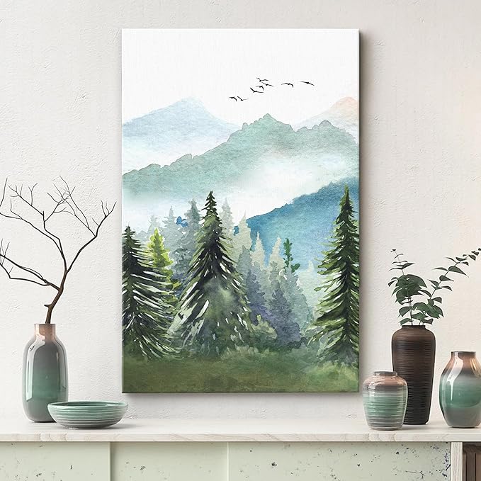 SIGNWIN Canvas Print Wall Art Watercolor Green Forest Tree Mountain Range Nature Landscape Prints Modern Art Woodland Nursery Decor for Living Room, Bedroom, Office - 24"x36"
