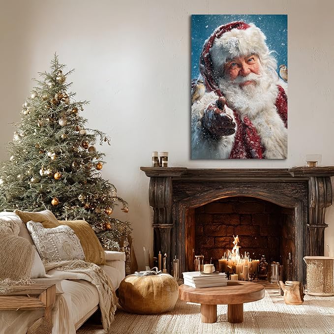 YONICA Christmas Canvas Wall Art Snowy Santa 24x36 Inch Winter Scene with Birds and Snowfall - Large Framed Gallery Wrapped Nature Theme