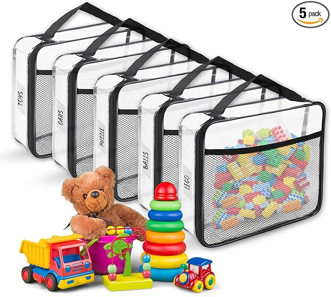 5-Pack Toy Storage Bags for Kids – Clear Organizer Pouch with Zippers & Labels – Large PVC Clear Storage Bags for Legos, Building Blocks & Board Games – Stackable Toy Organizers – 12"x 9.5"