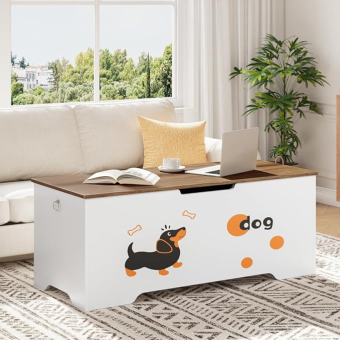 HOOBRO Toy Box, Toy Chest with 2 Safety Hinges, 47.2" Storage Bench, Wooden Storage Chest, for Entryway, Bedroom, Living Room, White and Walnut WH496CW01