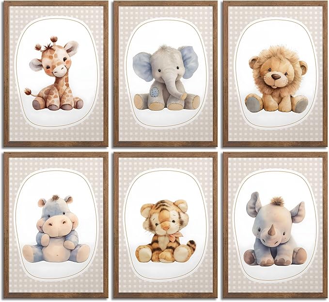 6pcs Nursery Animal Canvas Wall Art Safari Elephant Giraffe Posters Prints Kids Boy Wall Decor Pictures for Baby Boy Girl Toddler Kids Room Decorate Unframed