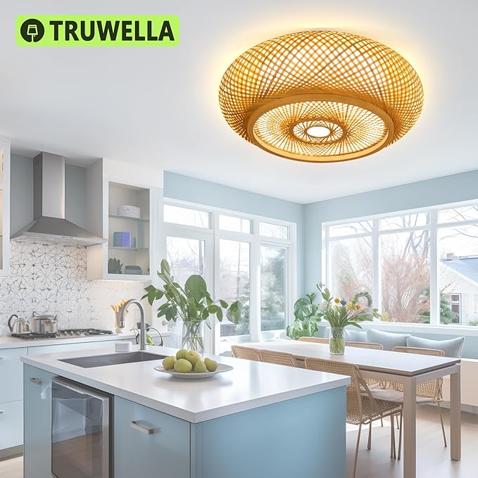 23.6 in Bamboo Woven Rattan-Style Ceiling Light, Boho Ceiling Light Fixture with Remote, LED Dimmable Ceiling Light, Boho Light Fixture for Bedroom Living Room Dining Room Light