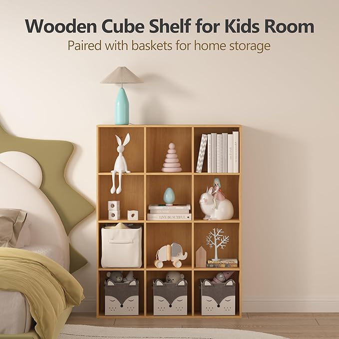 Bookshelf 9-Cube Storage Organizer, Sturdy Wooden Bookcase with Closed Back Panel, Multipurpose Display Shelf for Home Office, Bedroom, Study, 35.98" L x 9.45" W x 35.91" H, Natural Wood