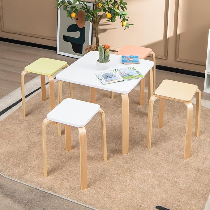 GOFLAME Stackable Wooden Stools Set of 4, Backless Chairs with Square Top, Anti-Slip Felt Mats, Portable Seating for Classroom, Office, Dinning Room, Living Room, Kitchen, Bar Counter, Assorted Color
