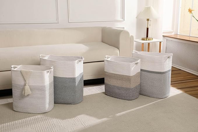 Tall Laundry Basket With Handles,Woven Cotton Rope Big Laundry Hamper Sorters,Versatile Storage for Dirty Clothes,Baby Toys,and Blankets in Bathroom, Nursery,and Living Room (White/Black Line, 50L)