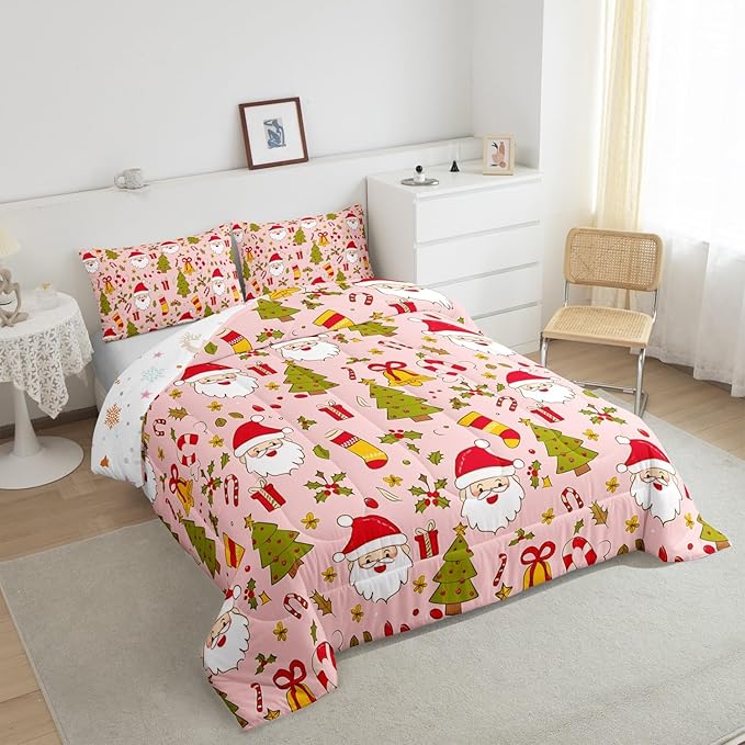 Feelyou Christmas Bedding Set for Kids Boys Girls Toddler Size Cute Santa Claus Comforter Set Ultra Soft Comforter Xmas Tree Duvet Quilt Bedroom Decor Berries Pattern Printed Quilt