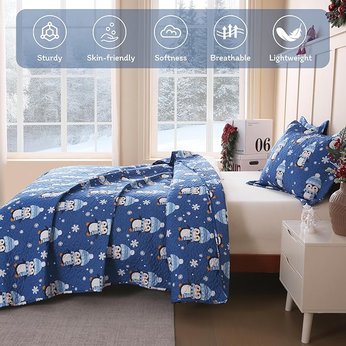JSD 2 Pcs Kids Christmas Quilt Set Twin Size, Blue Penguin Christmas Theme Bedding, Soft Microfiber Bedspread Coverlet Holiday Quilted Blanket