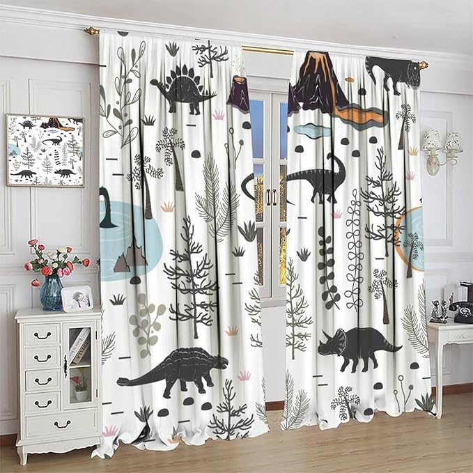Funny Dinosaur Curtains Cute Dino Cartoon Animals Abstract Aesthetics Art Print for Kids Girls Boys Bedroom Living Room Rod Pocket Decoration Window Drapes 2 Panels W36xL63in