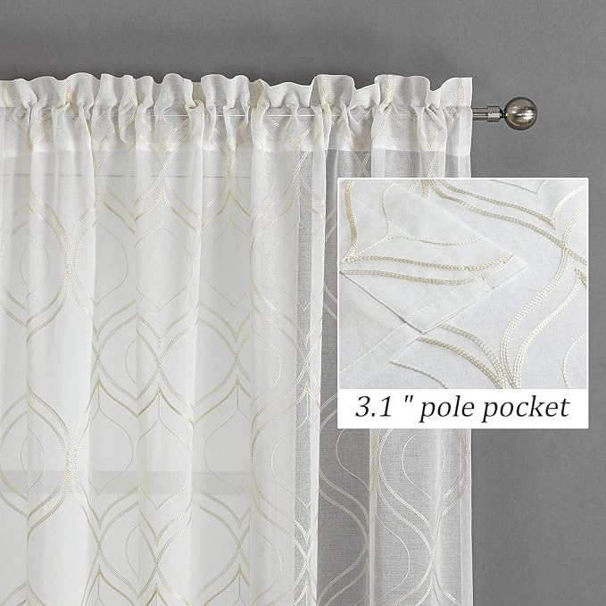 VISIONTEX White Sheer Curtains 95 Inches Long 2 Panels Set Beige Moroccan Embroidered Curtains Trellis French Textured Rod Pocket Voile Tulle Semi Window Drapes for Bedroom Living Room 54 x 95 Inches