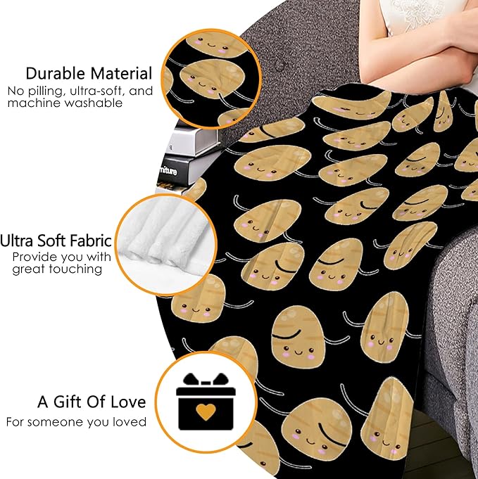 Thuswarm Cute Potato Kawaii Black Flannel Blanket Warm Cozy Soft Funny Print Throw for Bed Couch Sofa 40”×30” XSmall for Pets