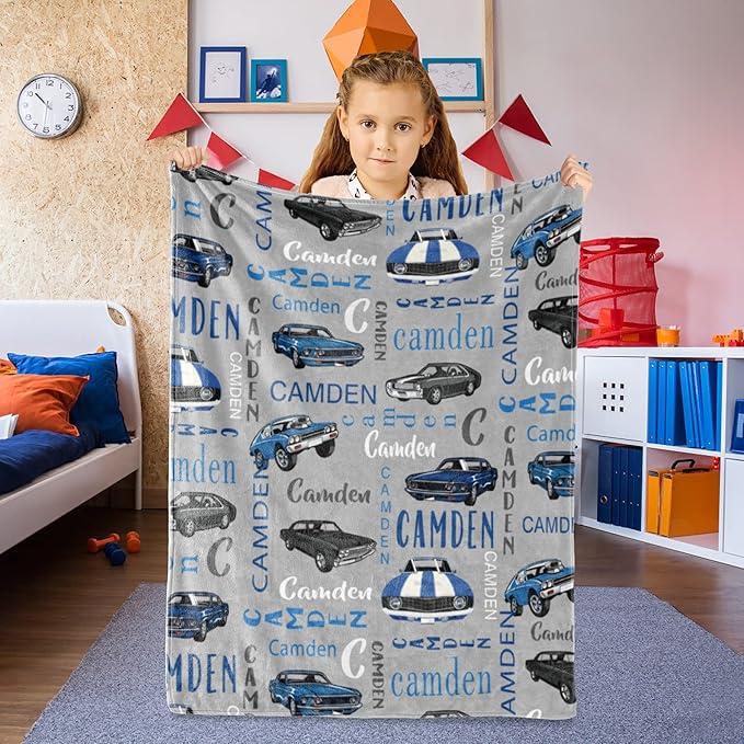 Personalized Car Blanket with Name for Boys, Custom Name Blanket for Teen, Soft Flannel Car Toddler Teen Blanket Customized Gift for Birthday New Year Gift 50"x60"