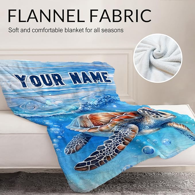 Custom Turtle Gifts for Women - 60" x 80" Inches Cute Throw Blanket for Adults, Teens - Blue Cozy Furry Blankets for Sofa, Bed & Living Room
