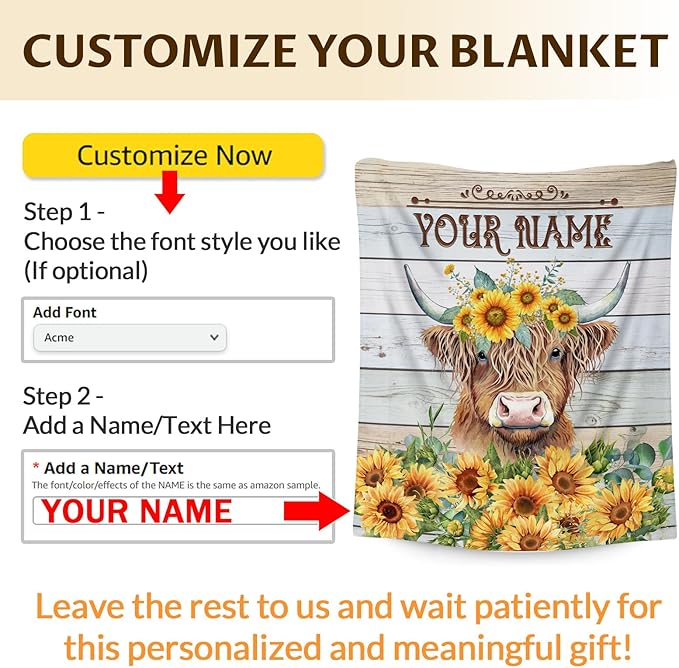 Personalized Highland Cow Blanket Gifts for Kids Boys Girls, 40x30 Inches Cute Throw Blanket for Highland Cow Lovers, Custom Soft Fuzzy Sunflower Blankets for Lap Chair Travel
