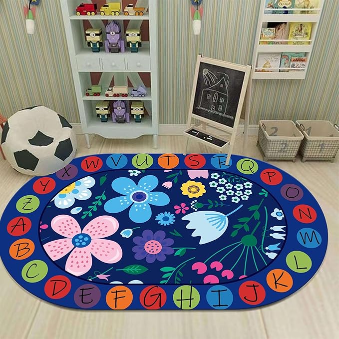 Kids Educational Oval Rug, 5x7ft, ABC Alphabet Learning Play Mat, Cute Colorful Flowers Plants Designs Rugs, Non-Slip Washable Carpet for Bedside Boys Girls Teens Room Nursery Decor Floor Mat