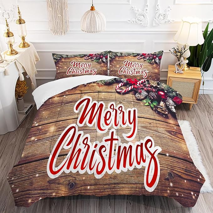 Christmas Comforter Set Twin: Christmas Bedding Sets for Kids Bedroom Wood Grain Xmas Gift Girls Women Teens Quilt Set 1 Comforter & 1 Pillowcase