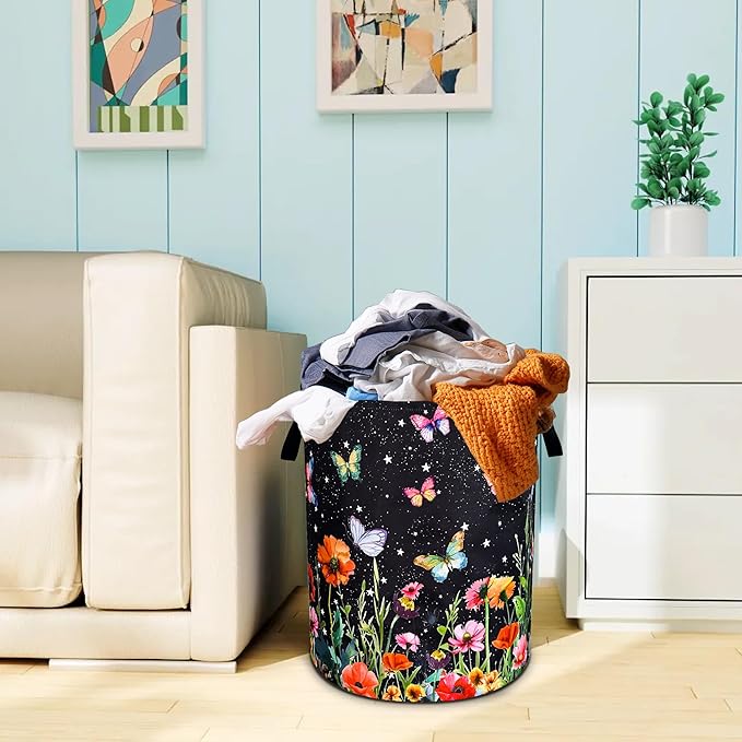 Colorful Butterflies Flowers Laundry Basket Oxford Cloth Laundry Hamper With Handle Foldable Portable Clothes Storage Basket 18.9 X 16.5 Inch Storage Bag For Laundry Room/Bathroom/Bedroom/Dormitories