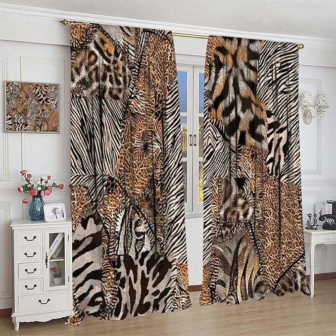 Leopard Print Curtains, Brown Wild Cheetah Zebra Animal Fur Farmhouse Window Curtains for Bedroom Kitchen Living Room 55" W X 63" L